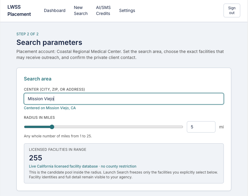 LWSS search parameters screen