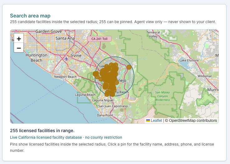 Map showing licensed senior living facilities inside a search radius