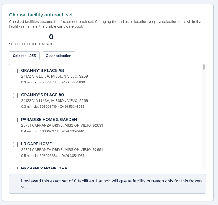 LWSS list for choosing the exact facilities to contact